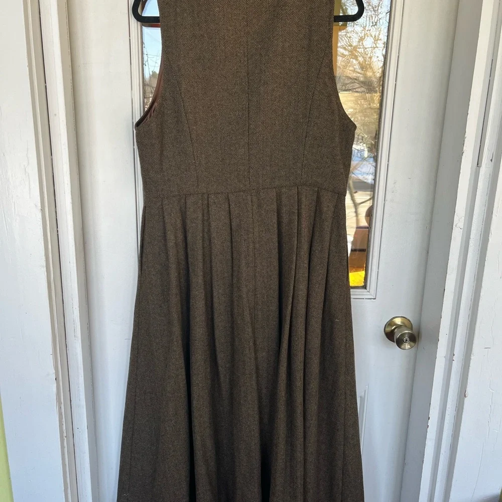 Women’s M/L Brown black handmade Herringbone Wool Sleeveless Button Dress - Picture 3 of 10